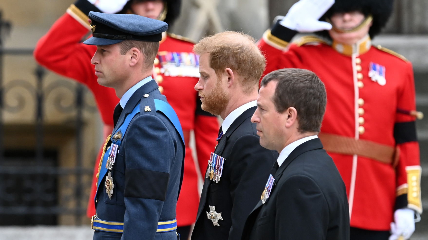 Prince William, Prince Harry and Peter Phillips at the funeral of Queen Elizabeth