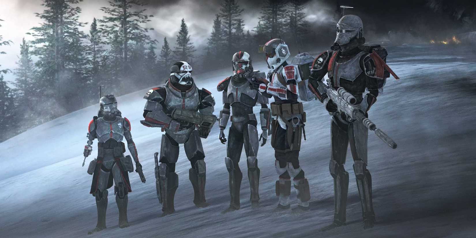 Echo, Wrecker, Hunter, Tech, and Crosshair confer in the midst of Order 66 on the snowy world of Kaller.