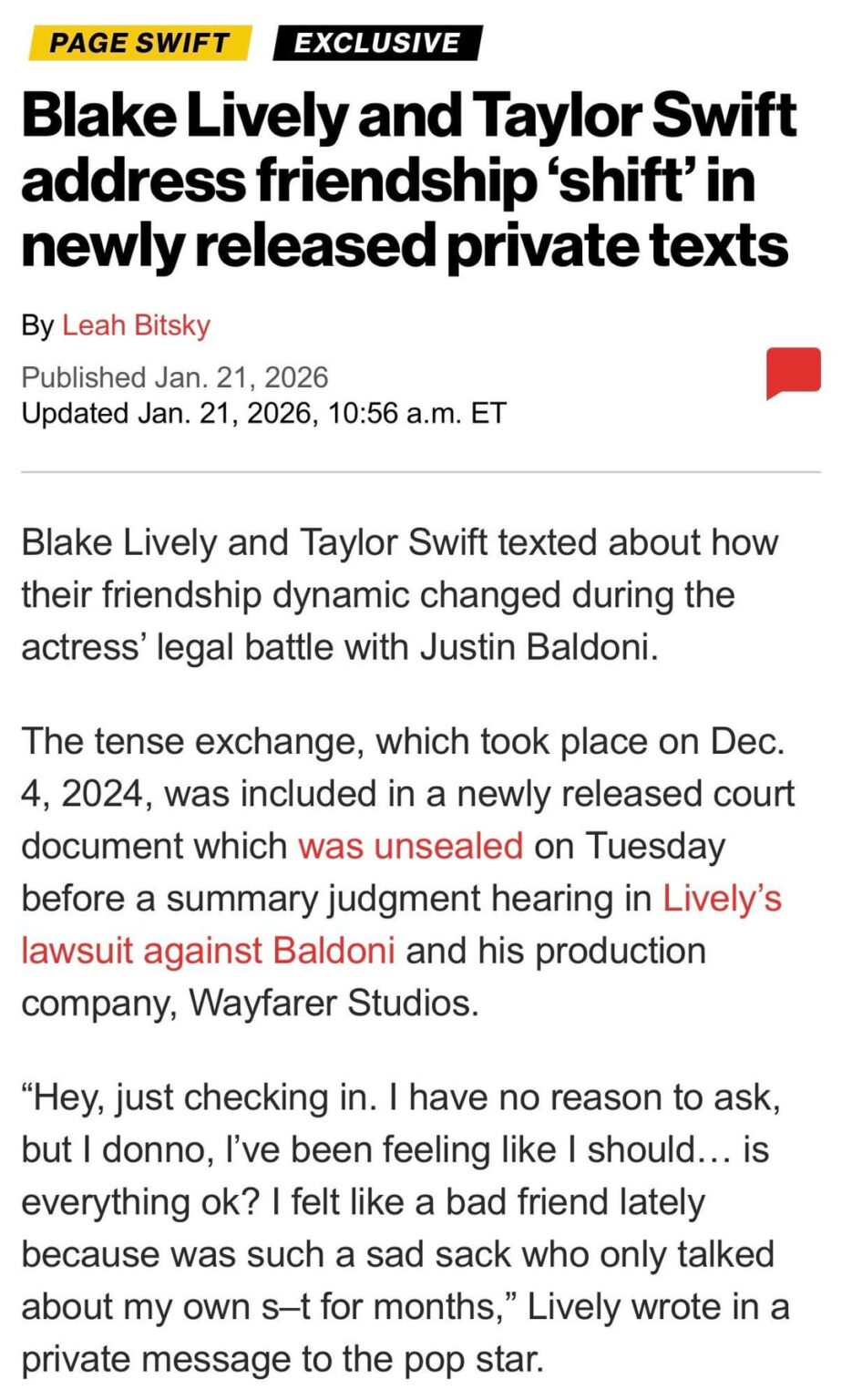 Blake Lively and Taylor Swift address friendship ‘shift’ in newly released texts