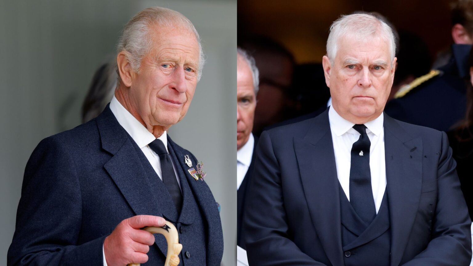 The “Tricky” Reason King Charles Wants to Evict Ex-Prince Andrew from Royal Lodge Before Easter Is Revealed King Charles wearing a blue suit holding a walking stick; Prince Andrew wearing a blue suit and making an angry expression