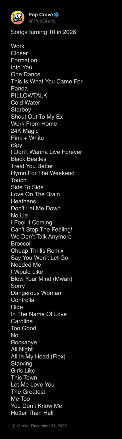 Songs turning 10 in 2026