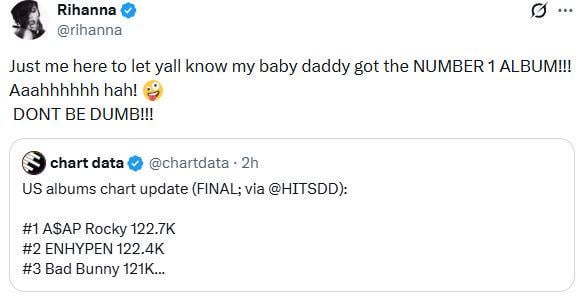 Rihanna's reaction to A$AP Rocky's album 'Don’t Be Dumb' debuting at #1 on the Billboard 200