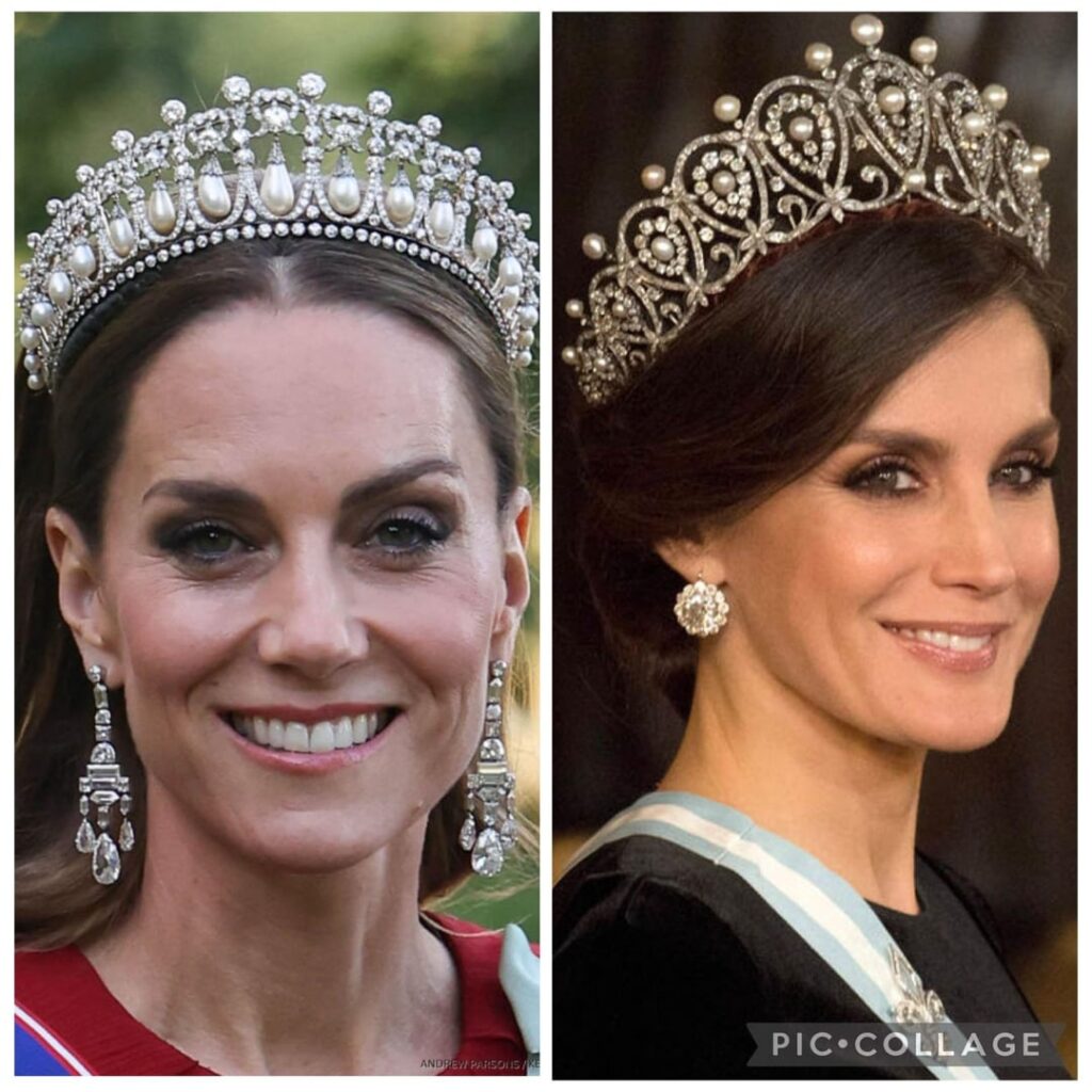 Tiara v. Tiara: which is the more dazzling diamond and pearl piece, Queen Maria Cristina’s Cartier Loop (right) or the Cambridge Lover’s Knot?