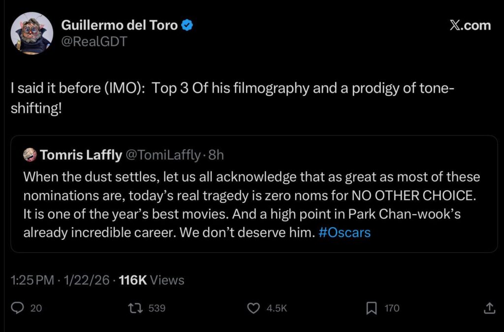 Guillermo del Toro tweets in support of Park Chan-wook and his film ‘No Other Choice’ after it received zero nominations