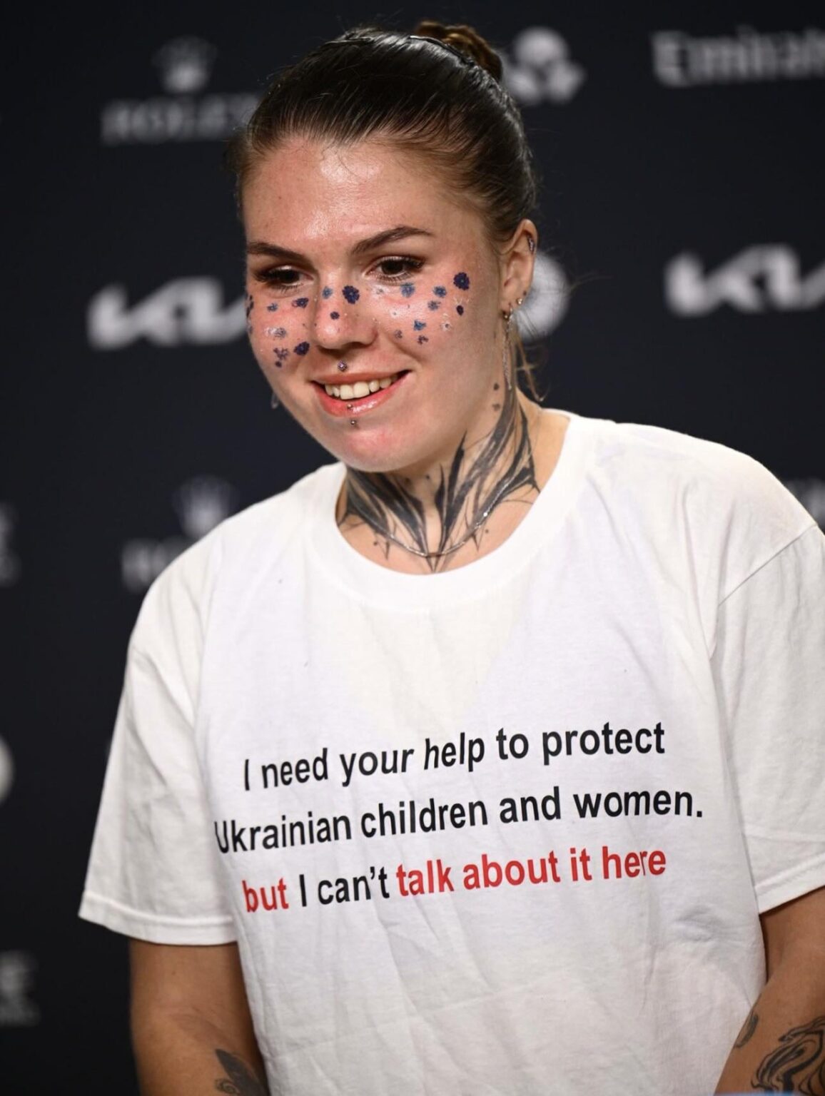 Ukrainian tennis player Oleksandra Oliynykova wore this shirt to the Australian Open press conference.