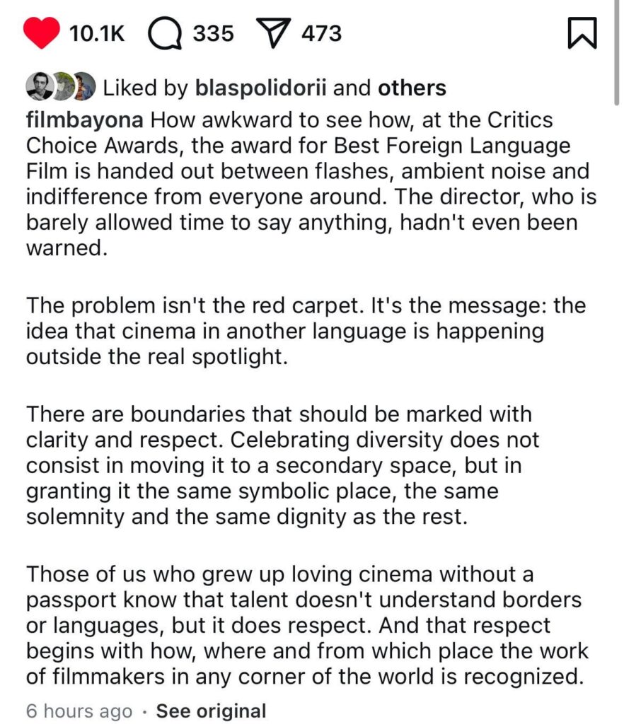JA Bayona criticizes how E! News told director Kleber Mendonça Filho and producer Emilie Lesclaux they won Best Foreign Language Film on the red carpet at the Critics Choice Awards JA Bayona criticizes how E! News told director Kleber Mendonça Filho and producer Emilie Lesclaux they won Best Foreign Language Film on the red carpet at the Critics Choice Awards