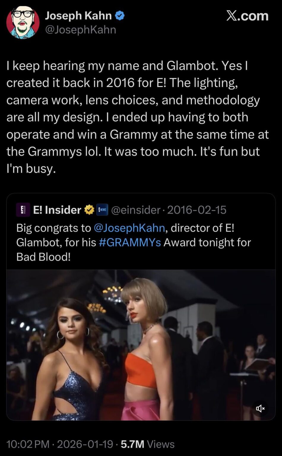 Director Joseph Kahn reveals he originated the Glambot a decade ago, before Cole Walliser: “Yes I created it back in 2016 for E! The lighting, camera work, lens choices, and methodology are all my design.”