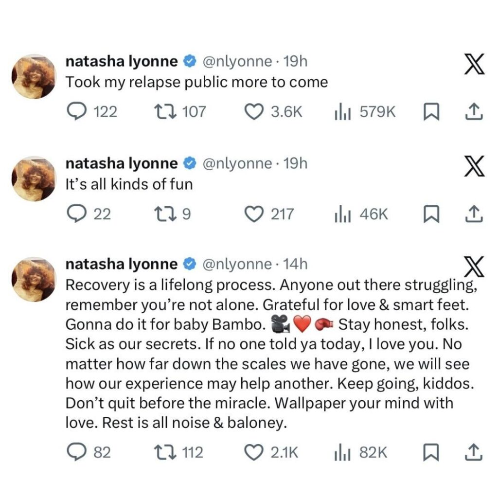 Natasha Lyonne announced that she has relapsed after nearly 10 years of sobriety: “Recovery is a lifelong process. Anyone out there struggling, remember you’re not alone. Grateful for love & smart feet.“