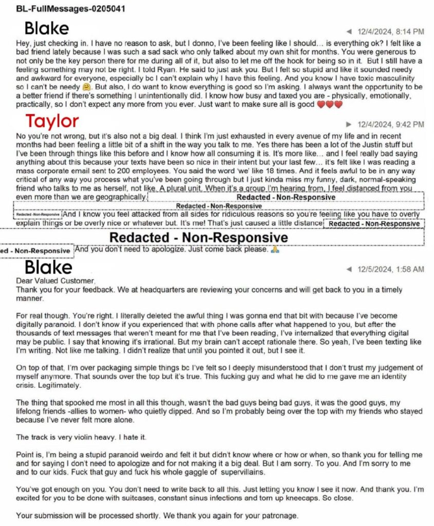 Blake & Taylor conversation about their friendship & finding out Justin Baldoni was dropped from his management