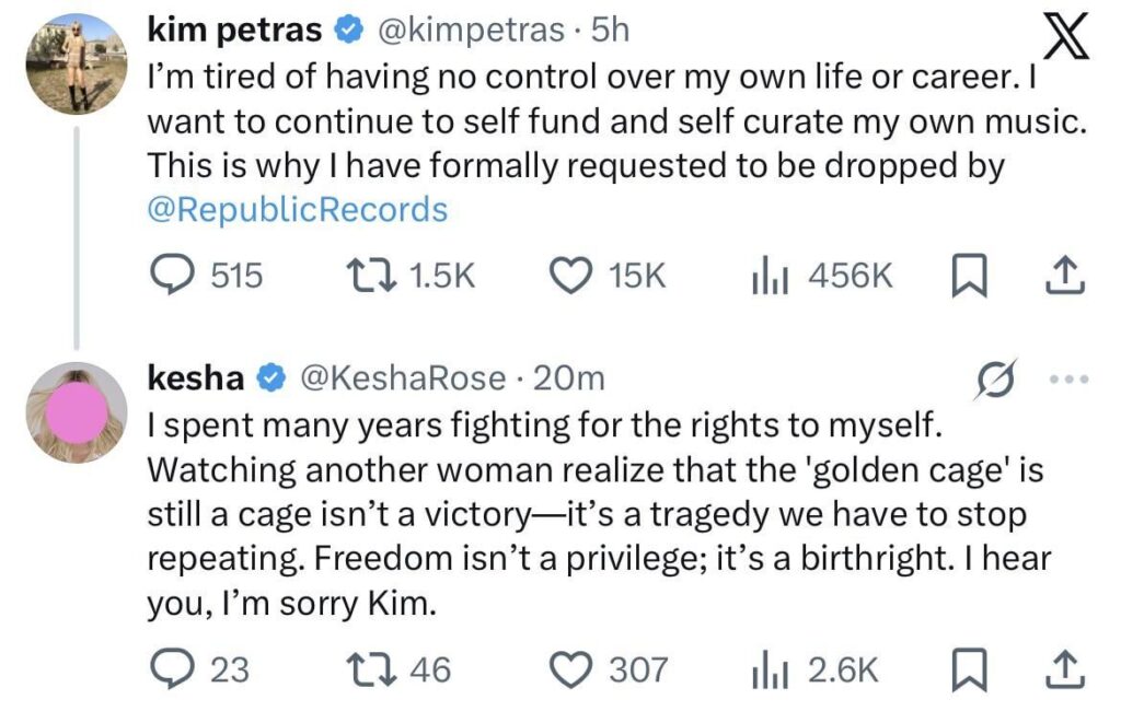 Kesha responds to Kim Petras’ post about being prevented from releasing music by her label Republic Records: “I spent many years fighting for the rights to myself. Watching another woman realize that the 'golden cage' is still a cage isn’t a victory—it’s a tragedy we have to stop repeating.”