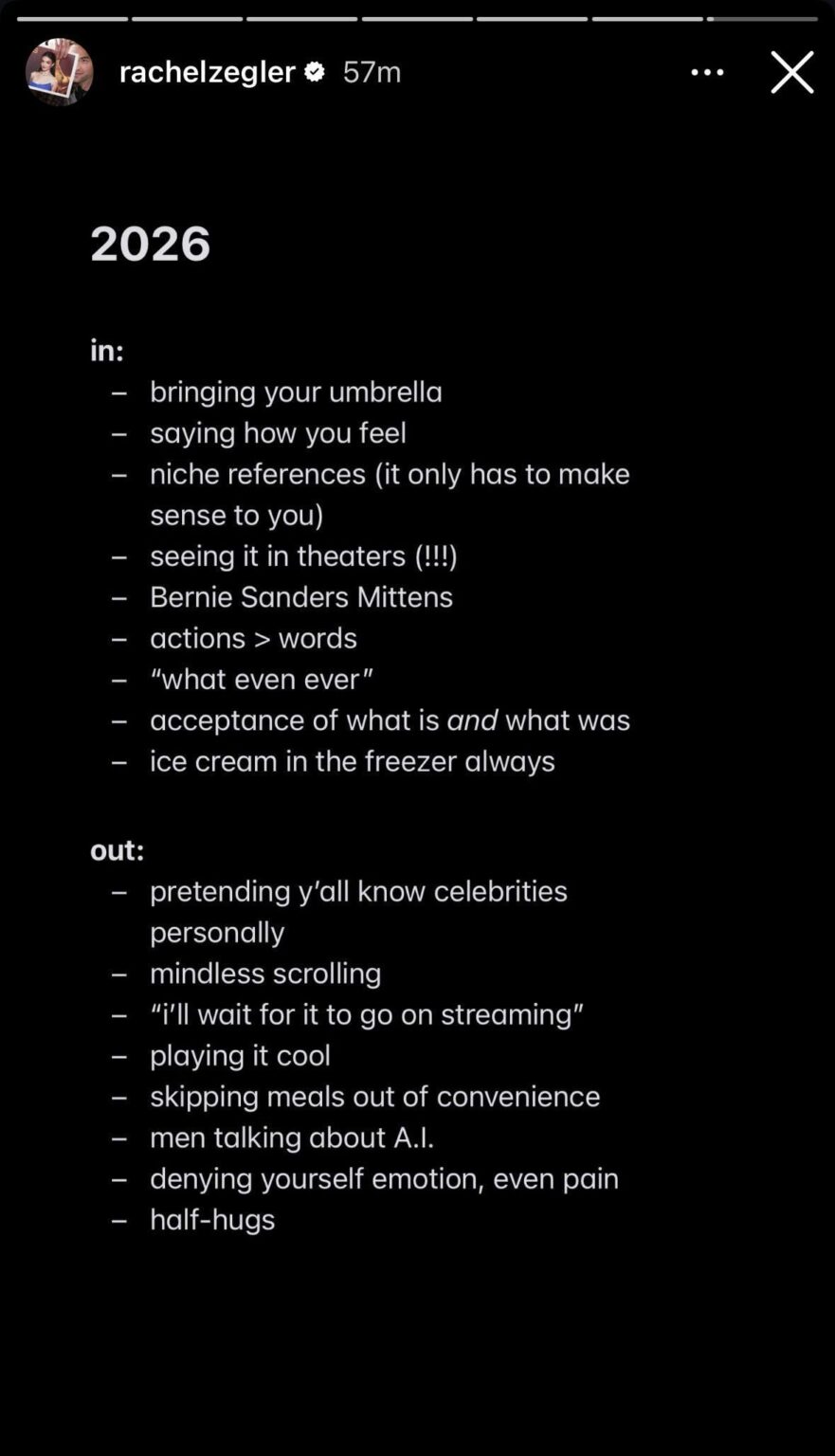 Rachel Zegler shares her 2026 ins and outs