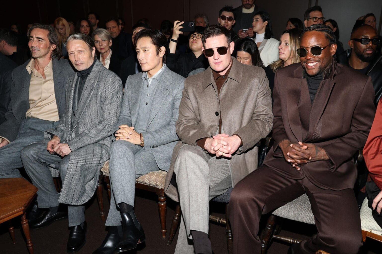 Lee Pace, Mads Mikkelsen, Lee Byung-hun, Matt Smith, and Akinola Davies Jr. at the Zegna show during Milan Fashion Week
