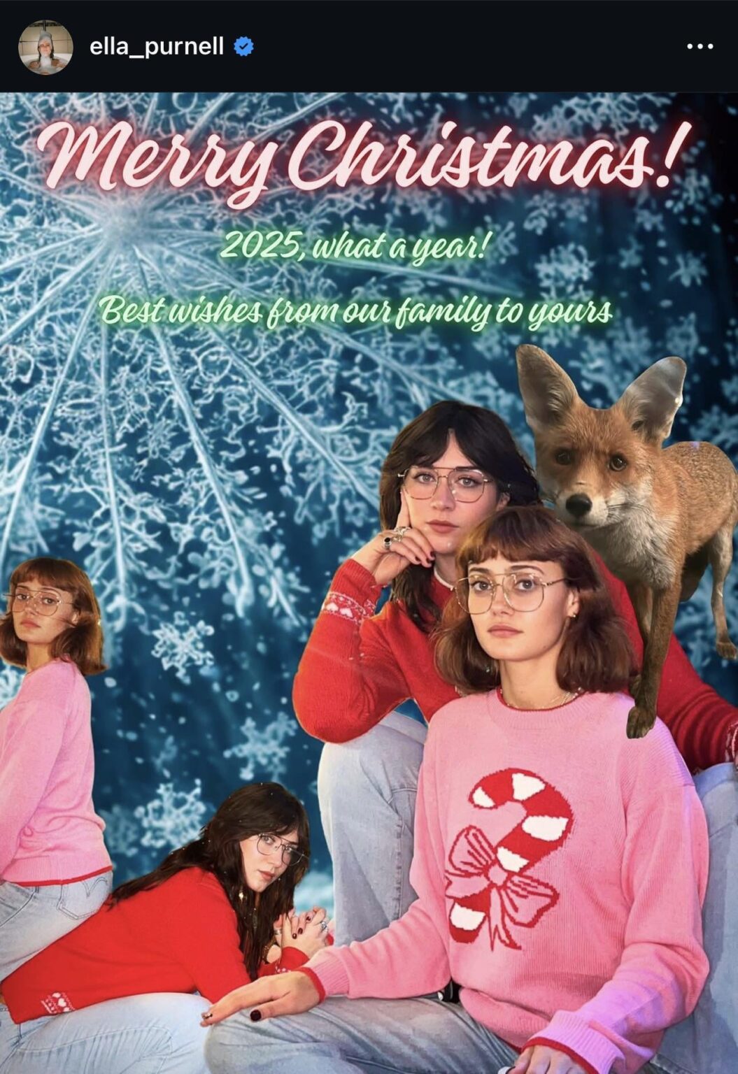 Ella Purnell’s Christmas card featuring her pet fox and best friend