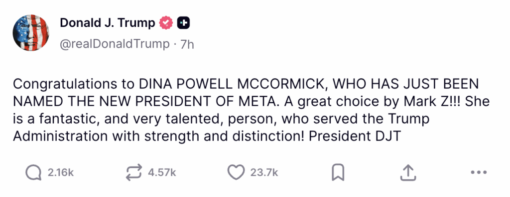 Dina Powell McCormick, who worked for the Trump administration, was just hired as the President of Meta.