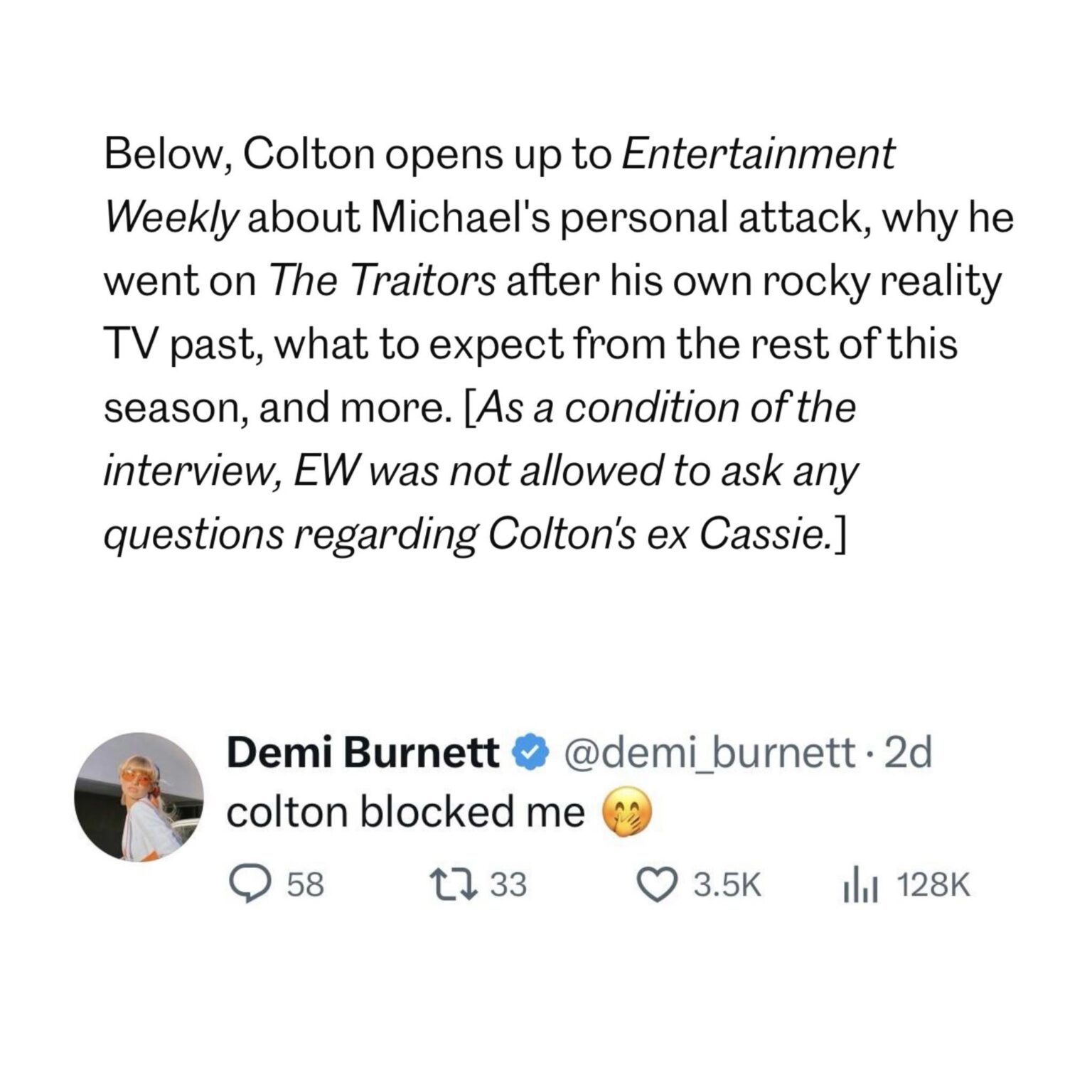 It appears former Bachelor Colton Underwood does not want his ex Cassie Randolph’s stalking allegations against him being discussed. He blocked Demi Burnett after she spoke about the stalking recently and Entertainment Weekly was banned from bringing up Cassie to him.