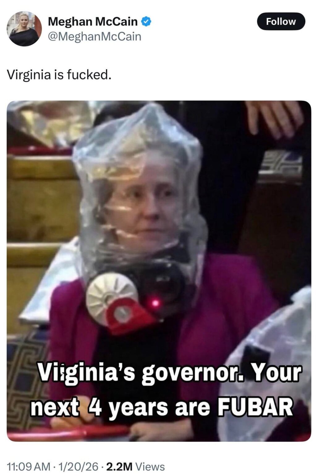 Meghan McCain makes fun of newly sworn in Virginia Govenor, Abigail Spanberger, using a photo of Spanberger from the Jan. 6 Capitol attack. Spanberger was wearing an emergency escape hood at the direction of Capitol police because of tear gas and the risk of other airborne contaminants at the time.