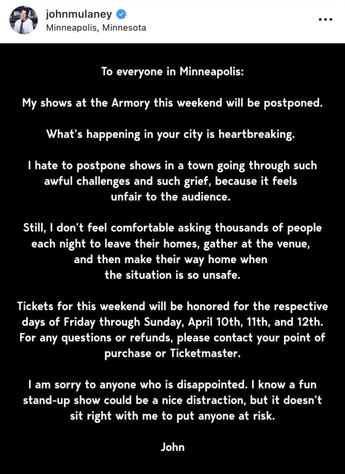 John Mulaney postpones Minneapolis shows after ICE shooting: "I hate to postpone shows in a town going through such awful challenges & such grief, because it feels unfair to the audience… I know a fun stand-up show could be a nice distraction, but it doesn't sit right with me to put anyone at risk.”