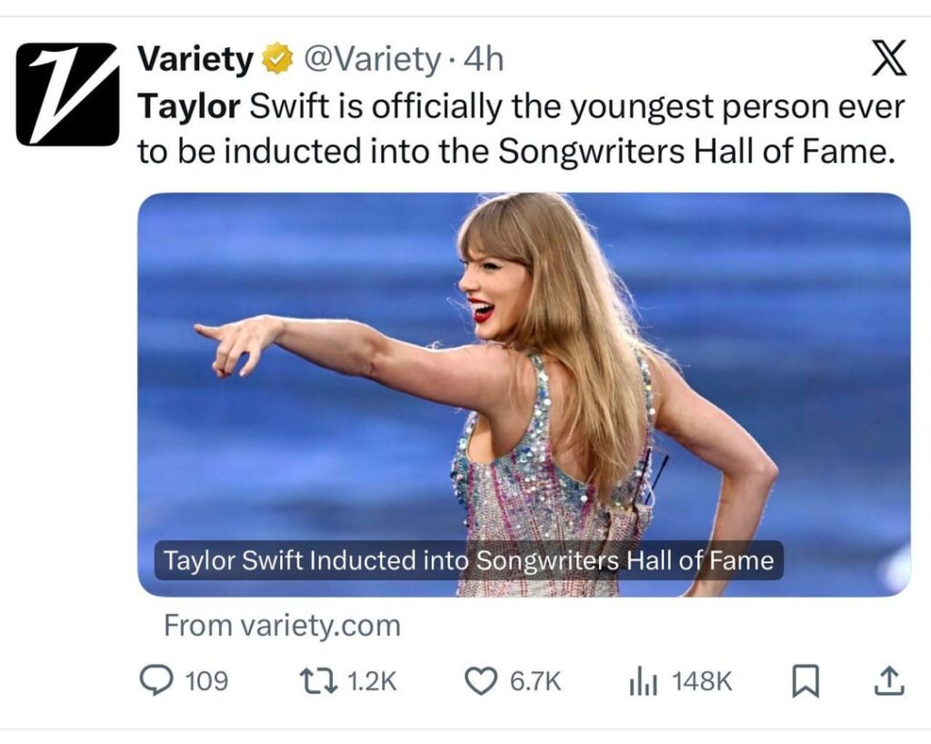 Variety isn’t beating the racist allegations today. Claimed Taylor Swift, 36, is the youngest person ever to be inducted into the Songwriters Hall of Fame, it was actually Stevie Wonder at 32.