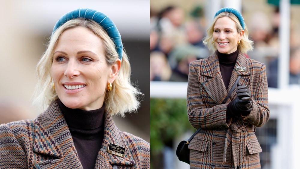 Zara Tindall wears pieces by L'Agence, Fairfax & Favor and more at the New Year's Day Racing Meet at Cheltenham Racecourse on Jan. 1, 2026 in Cheltenham, England.