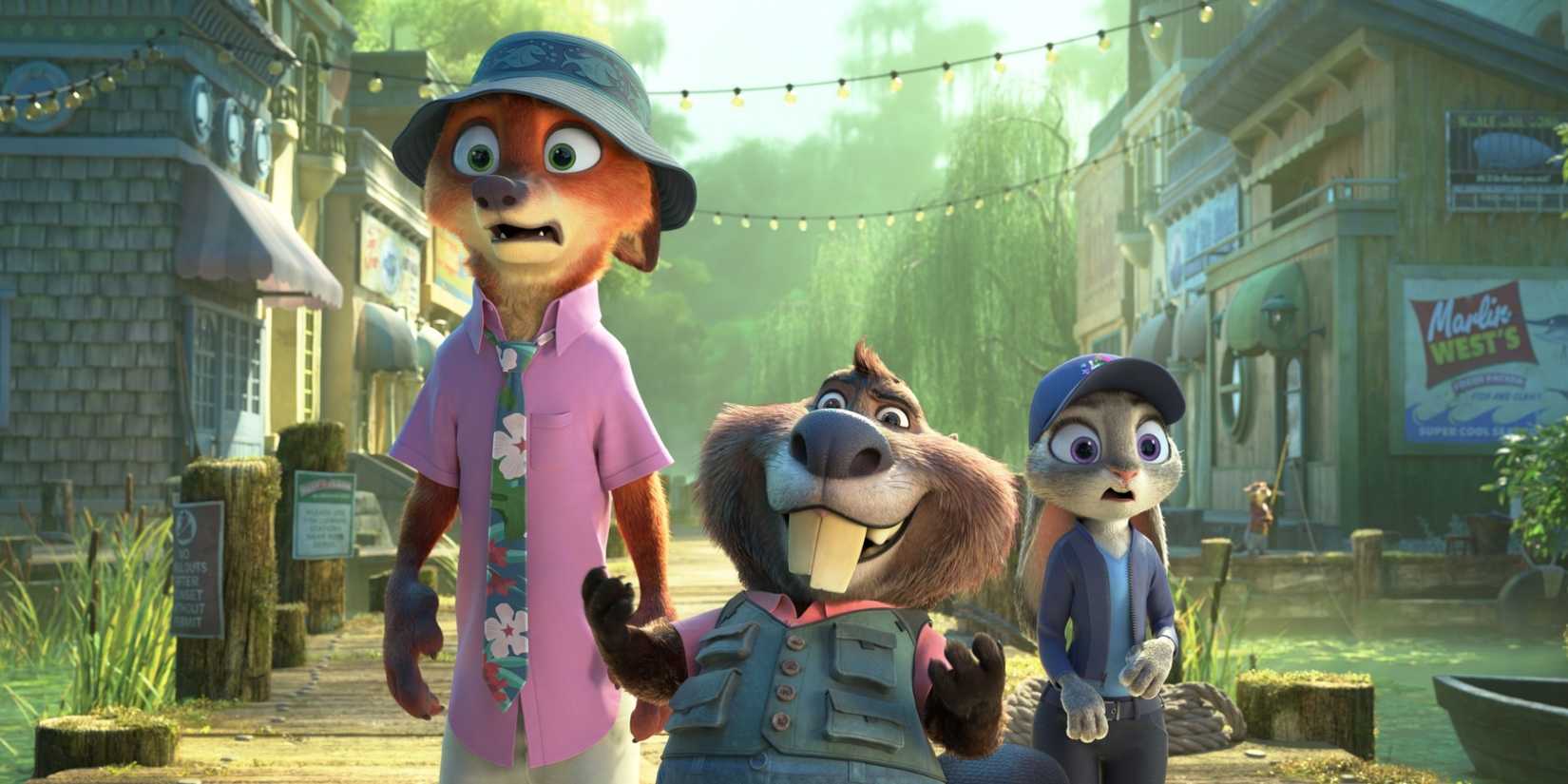 Judy Hopps and Nick Wilde walking around Marsh Market with Nibbles Maplestick in Zootopia 2