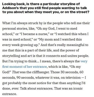 Kate Walsh knows her first appearance as Addison Montgomery in Grey's Anatomy is iconic: "That was the cliffhanger. Those 30 seconds, 60 seconds, 90 seconds, whatever it was. I got probably the most notice for that than anything I’d done, ever. Talk about entrances. That was an iconic entrance."