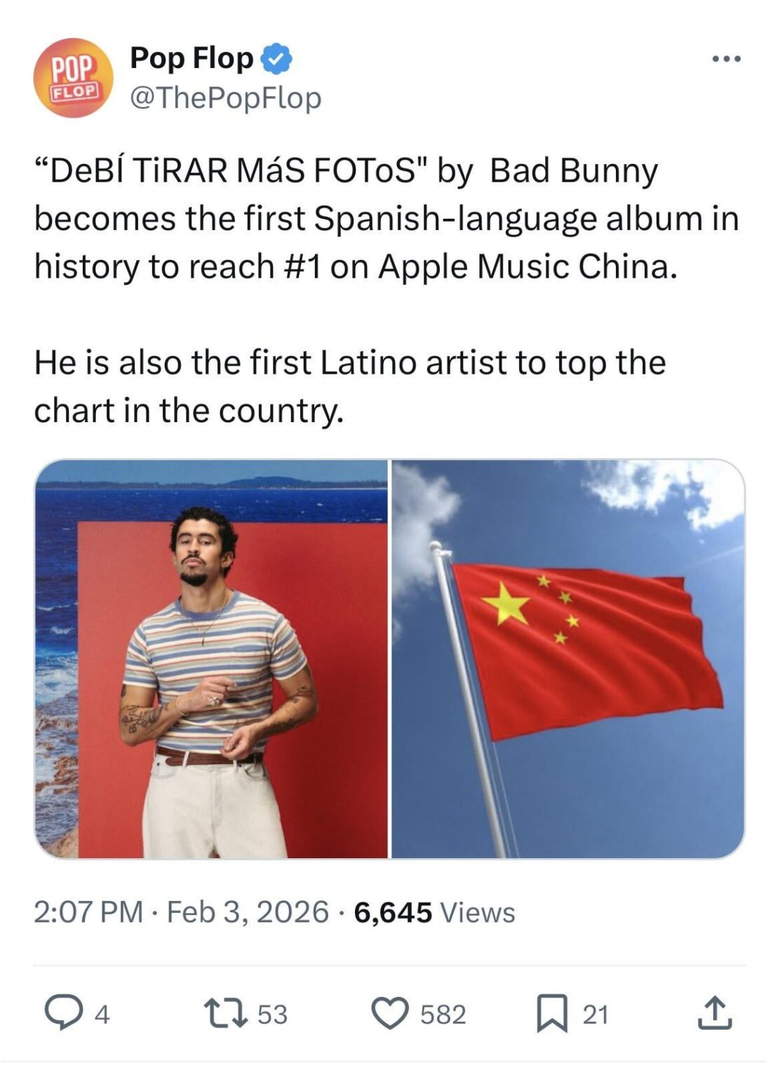 Bad Bunny’s Debí Tirar Más Fotos becomes the first album in Spanish to top the charts in China