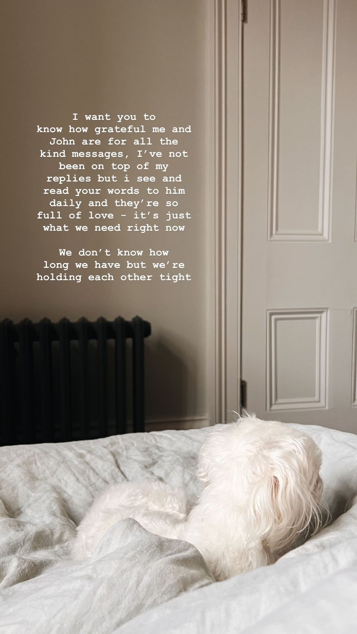 An Instagram post showing an empty bed with a statement about John Andrews's health condition