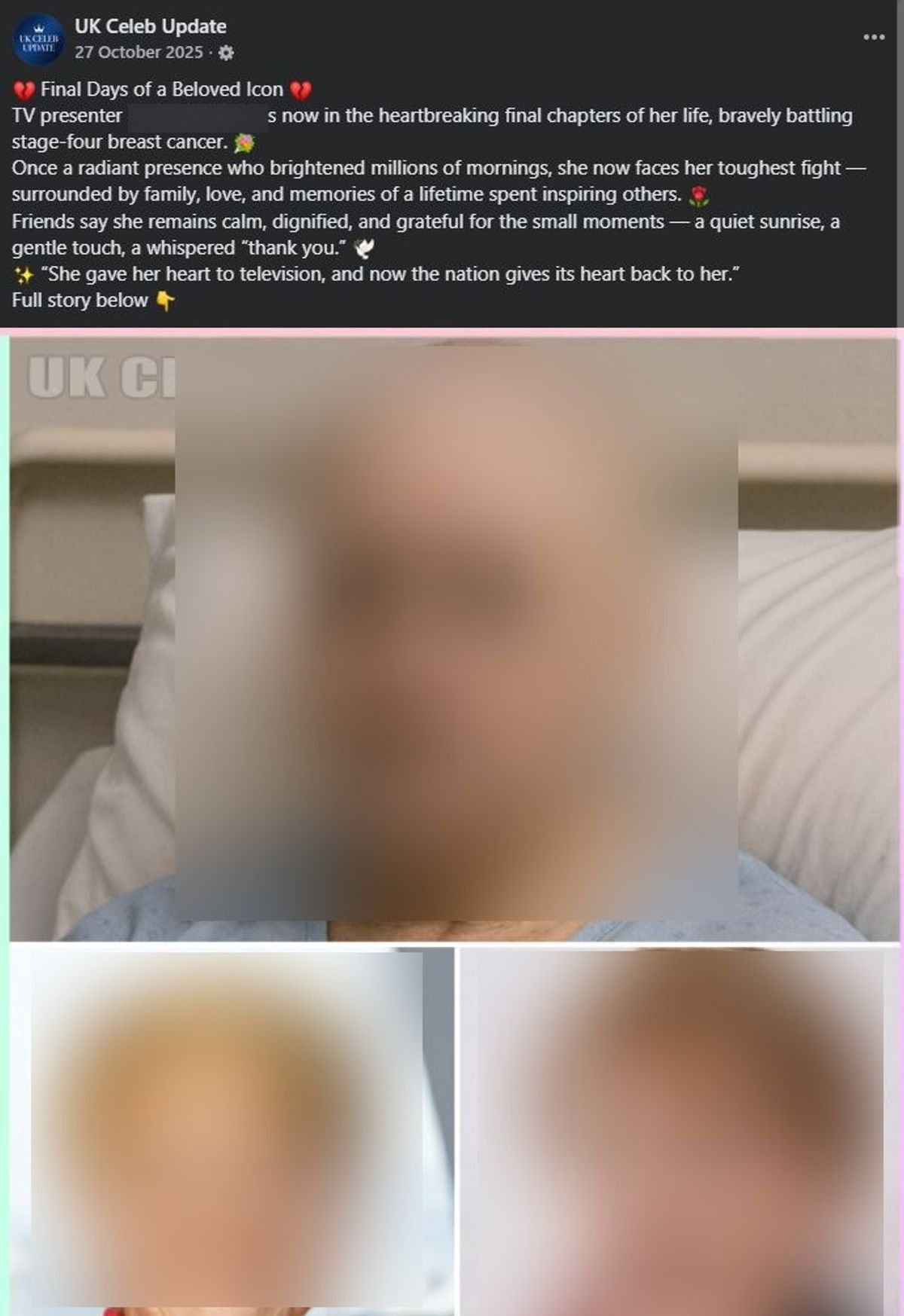 Blurred UK Celeb Update AI-generated Facebook post