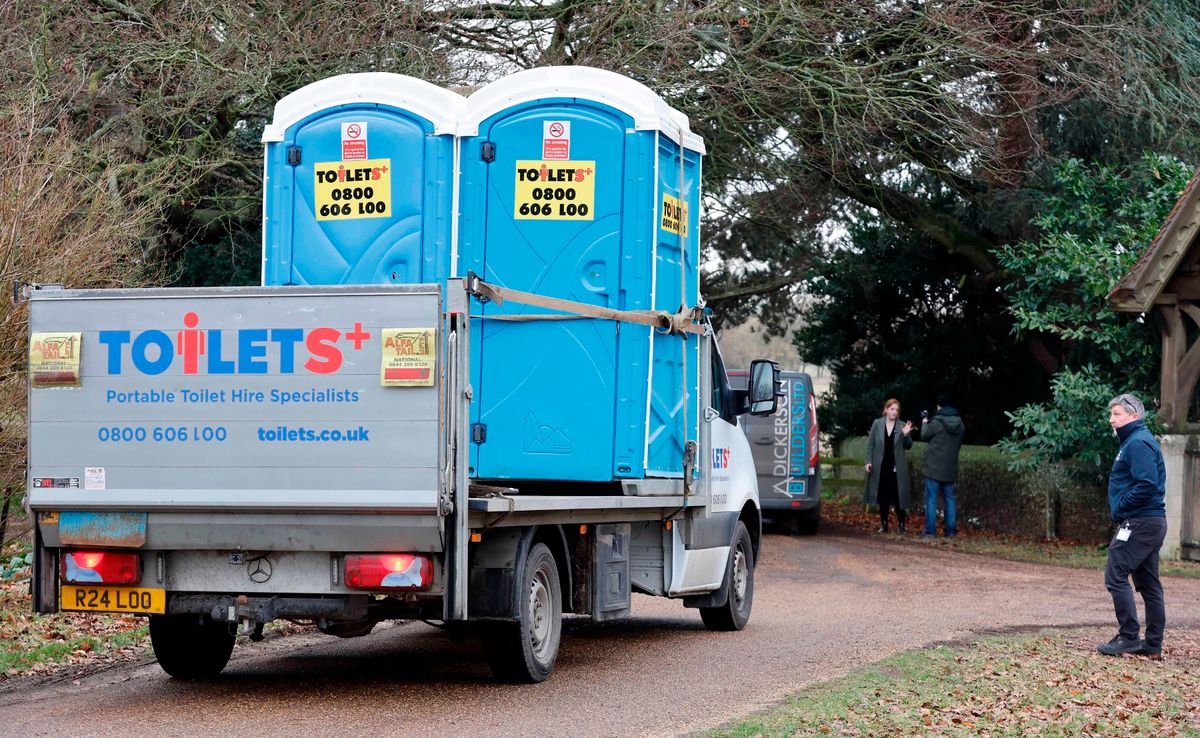 Builders were seen arriving at Wood Farm in Sandringham along with a deliver of temporary toilets 