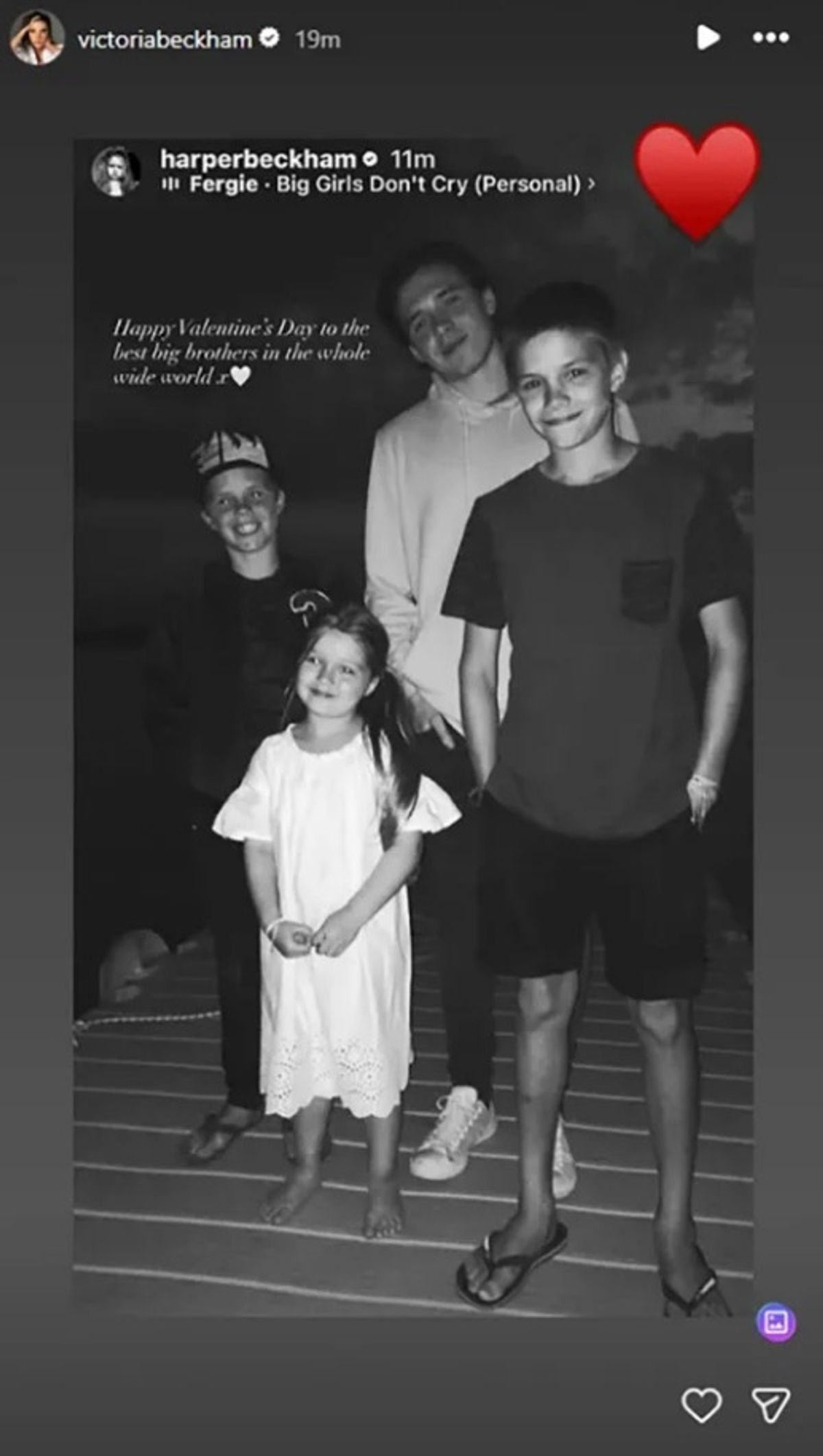A black and white image of Harper Beckham with her brothers Brooklyn, Romeo and Cruz