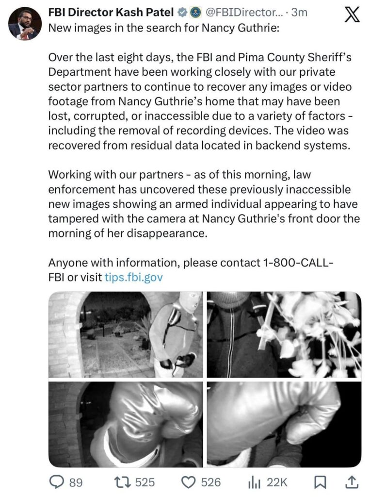 FBI releases surveillance photos of potential subject in Nancy Guthrie investigation.