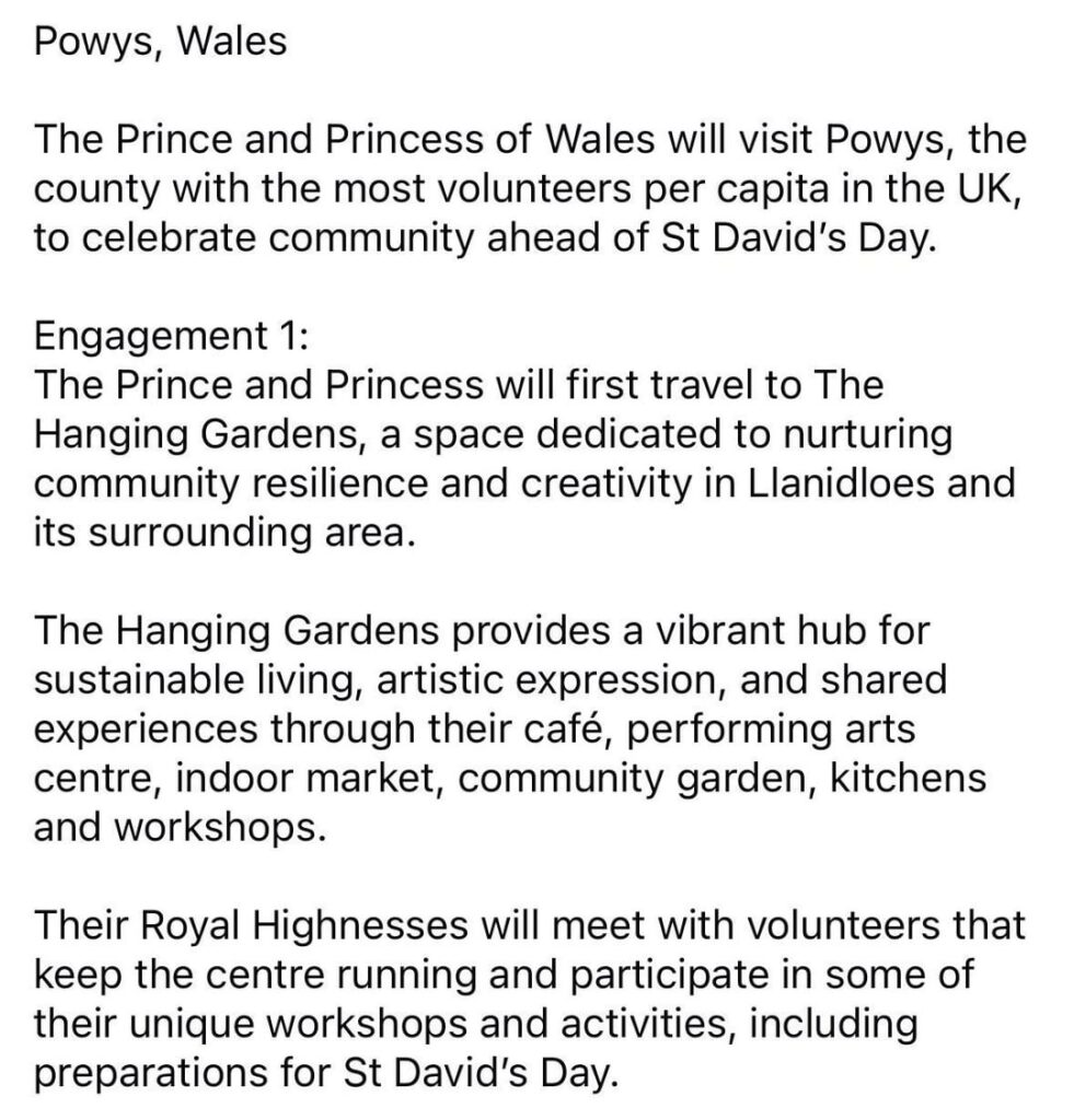 Prince and Princess of Wales will visit Powys, the county with the most volunteers per capita in the UK, on Thursday