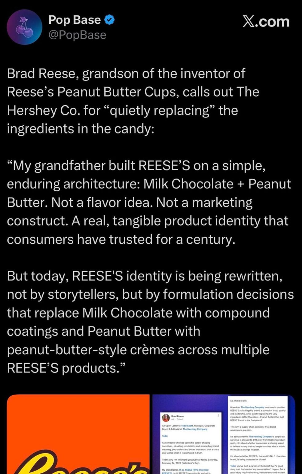 Brad Reese, grandson of the inventor of Reese’s Peanut Butter Cups, calls out The Hershey Co. for “quietly replacing” the ingredients in the candy