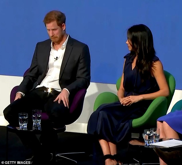 During the first Royal Foundation Forum, Harry, now 41, made a facial expression of feigned disdain (pictured) when asked a 'part two' of the Heads Together mental health campaign