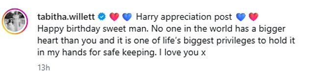 Alongside the post, she wrote: 'Harry appreciation post. Happy birthday sweet man. No one in the world has a bigger heart than you and it is one of life¿s biggest privileges to hold it in my hands for safe keeping. I love you x'
