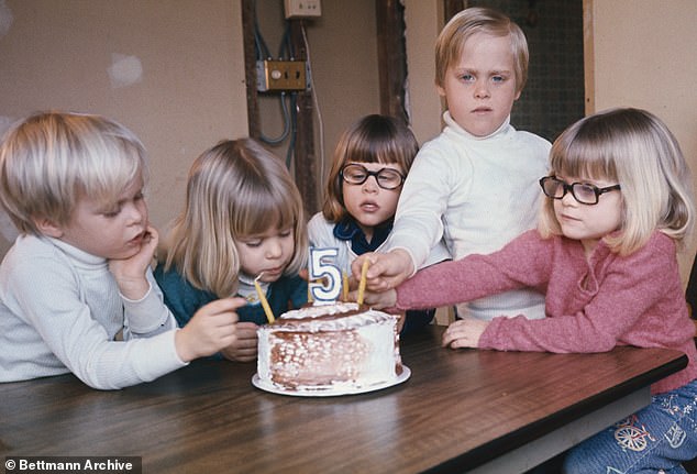 Turning five! From left: Ted, Abby, Sara, Gordon and Amy on their birthday in 1975