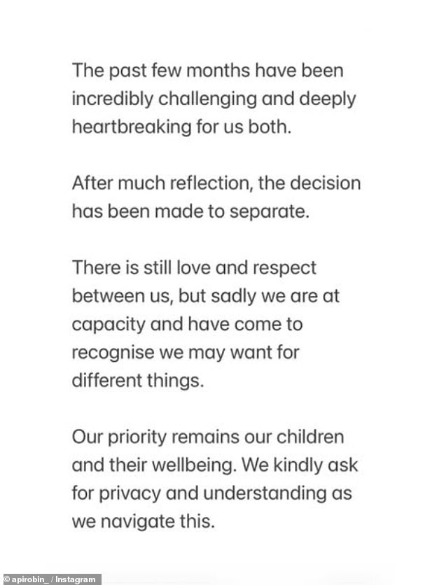 Api Robin confirmed the sad news on Friday night after he changed his Instagram profile description to 'Formerly Hot Husband'