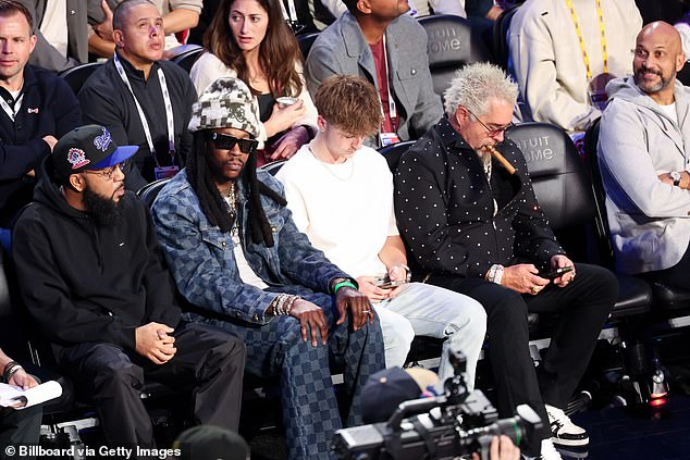 2 Chainz (second left), Guy Fieri (second from right) and Keegan-Michael Key (far right) attended the All-Star Game