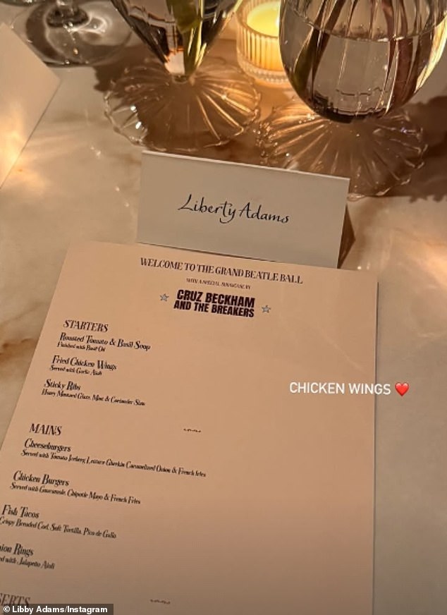 It is clear Cruz chose some of his favourite foods for the menu as guests had a choice of chicken wings and ribs to start, followed by burgers or fish tacos for main course