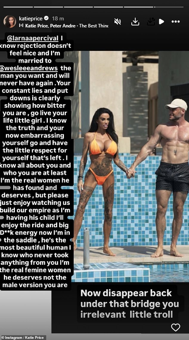 The former glamour model, 47, claimed last week she was 'having a baby' with the so-called businessman, 43, in a fiery post directed at Lee's ex Alana Percival