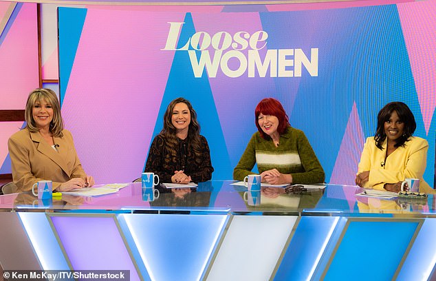She never had a career plan and fell into TV by accident, after a chance meeting in a pub (pictured on Loose Women alongside Kelly Brook, Janet Street-Porter and Kelle Bryan)
