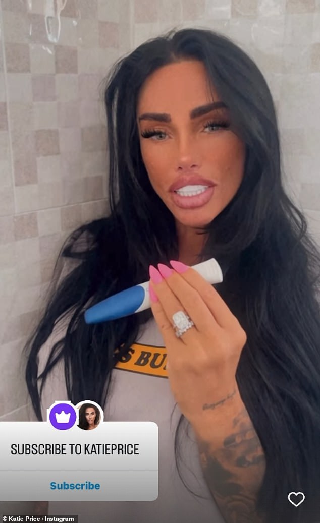 On Monday, Katie posed with a pregnancy test with her hand concealing the result and told her fans they must subscribe to her private Instagram for £2.99 a month to learn more