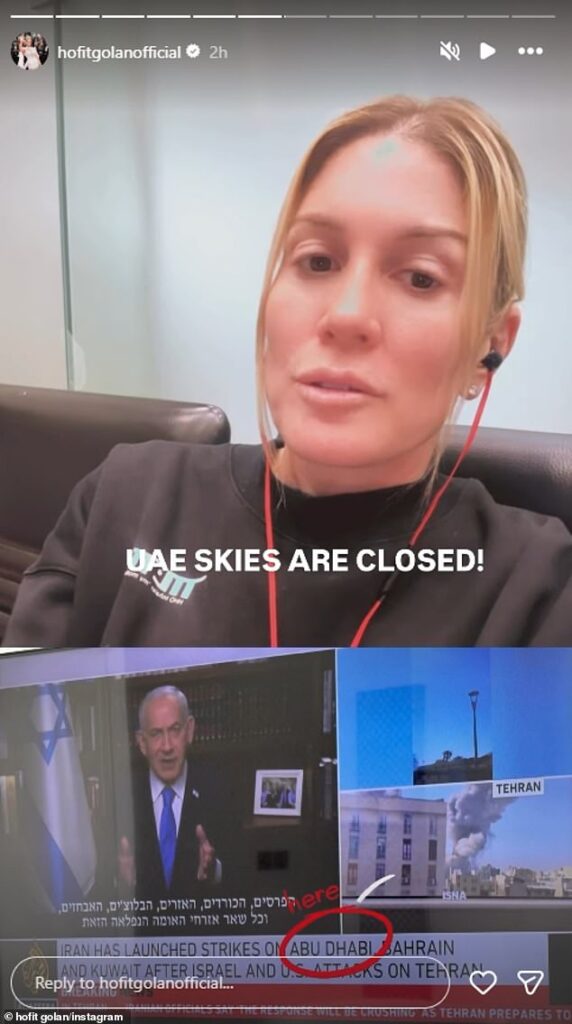 Israeli socialite Hofit Golan, 40, has posted footage from her hotel balcony of rockets and explosions hitting Dubai's famous Palm Jumeirah hotel