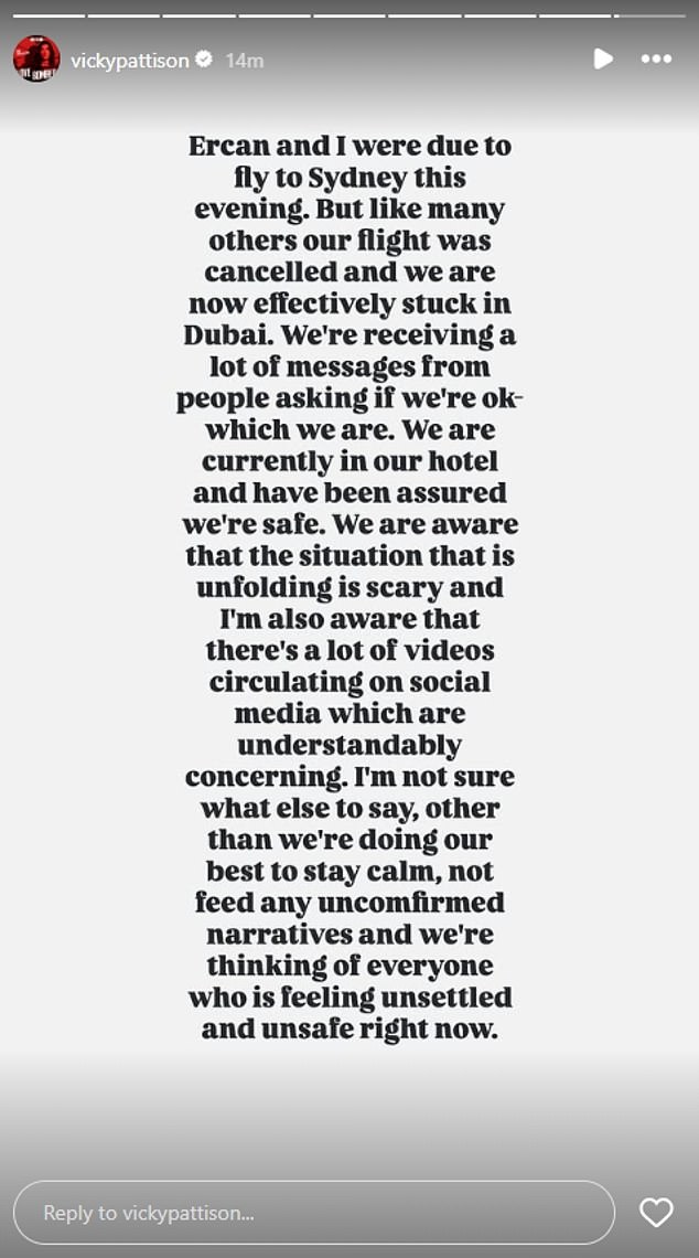 Vicky Pattison shared her and husband Ercan Ramadan are 'safe and trying to stay calm' amid the airstrikes
