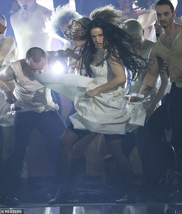 The Icelandic icon, 60, cut a very kooky figure as she was welcomed to the stage by the Spanish songstress, 33 (Rosalia pictured)