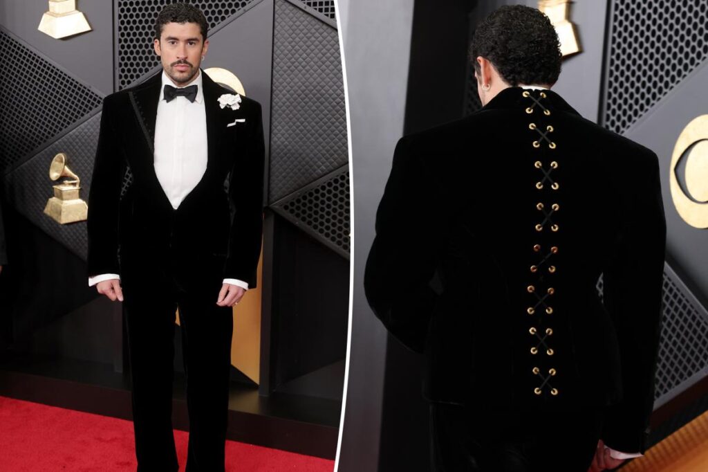 Bad Bunny wears a lace-up Schiaparelli tuxedo on the Grammys 2026 red carpet