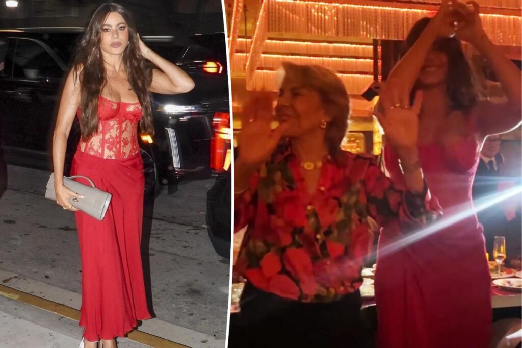 Sofia Vergara rocks plunging red dress in Miami for dinner turned family fiesta