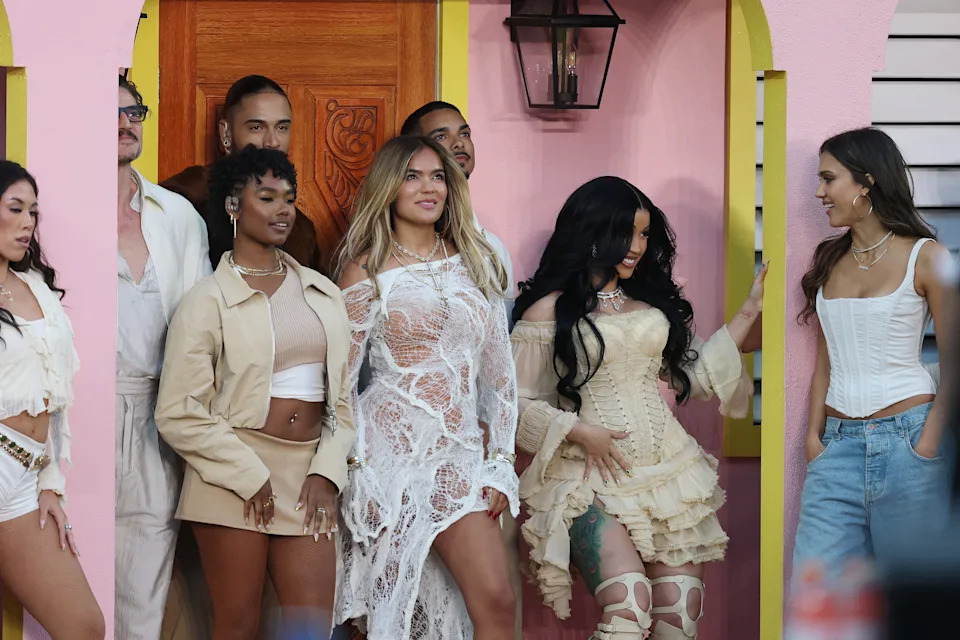 (L-R) Pedro Pascal, Karol G, Cardi B and Jessica Alba appear onstage during the Apple Music Super Bowl LX Halftime Show at Levi's Stadium on February 08, 2026 in Santa Clara, California.