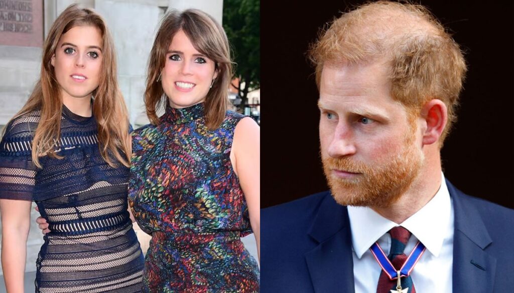 Prince Harry reacts as Beatrice, Eugenie