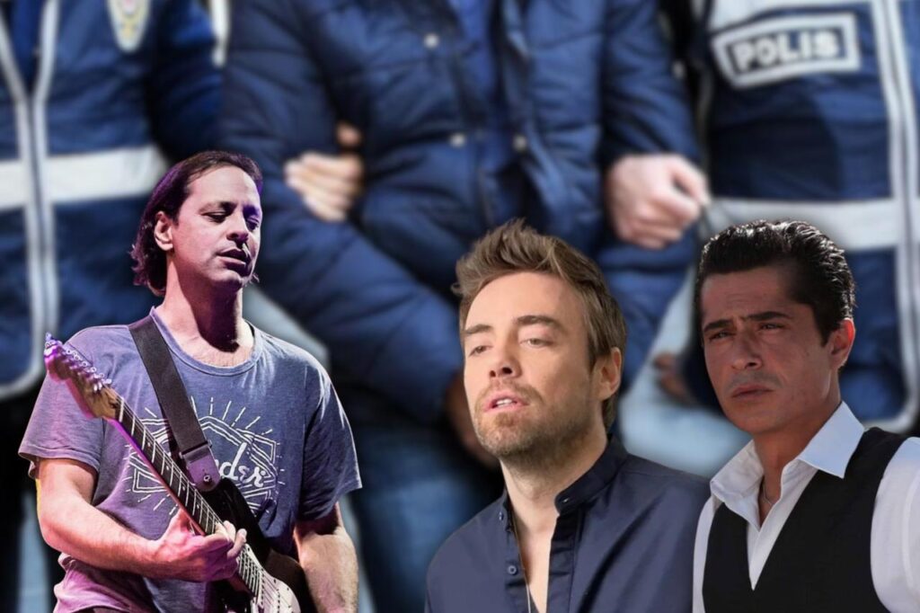 Turkish musician Kaan Tangoze, singer Murat Dalkilic and actor Ismail Hacioglu are seen in a composite image, set against a backdrop of police officers during a narcotics operation in Istanbul, Türkiye. (Photo collage by Türkiye Today team)